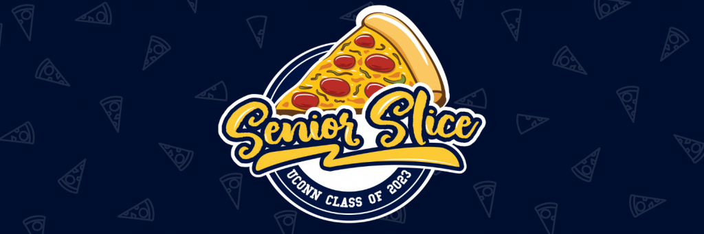 picture of a cartoon pepperoni pizza slice with text that reads Senior Slice, UConn Class of 2023