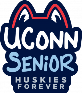 UConn Senior logo with Husky ears on the top and the words Huskies Forever in gray coloring at the bottom